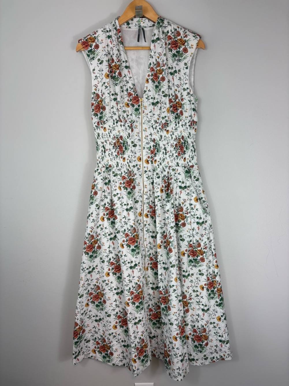 Anthropologie The Tommie cap sleeve smocked front zip floral midi - Picture 4 of 14